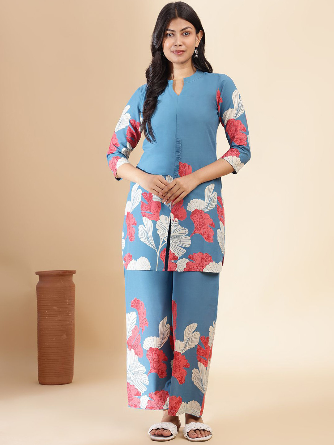 Vbuyz Floral Printed Mandarin Collar Neck Pure Cotton Tunic With Palazzos