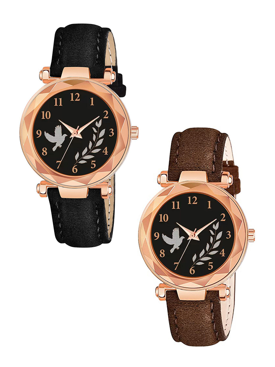 CSAMON Women Dial & Textured Straps Analogue Watch GR379RG BIRD BLK BRO Vel L