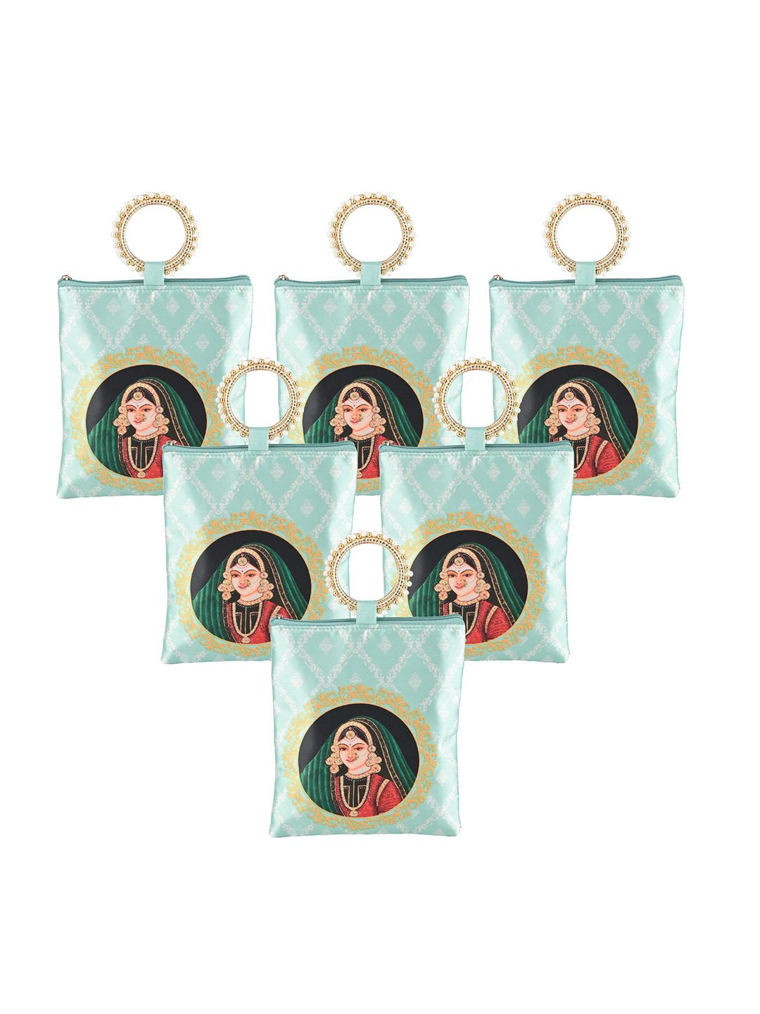 Kuber Industries Set of 6 Maharani Printed Silk Pearls Beaded Handle Purse Clutches