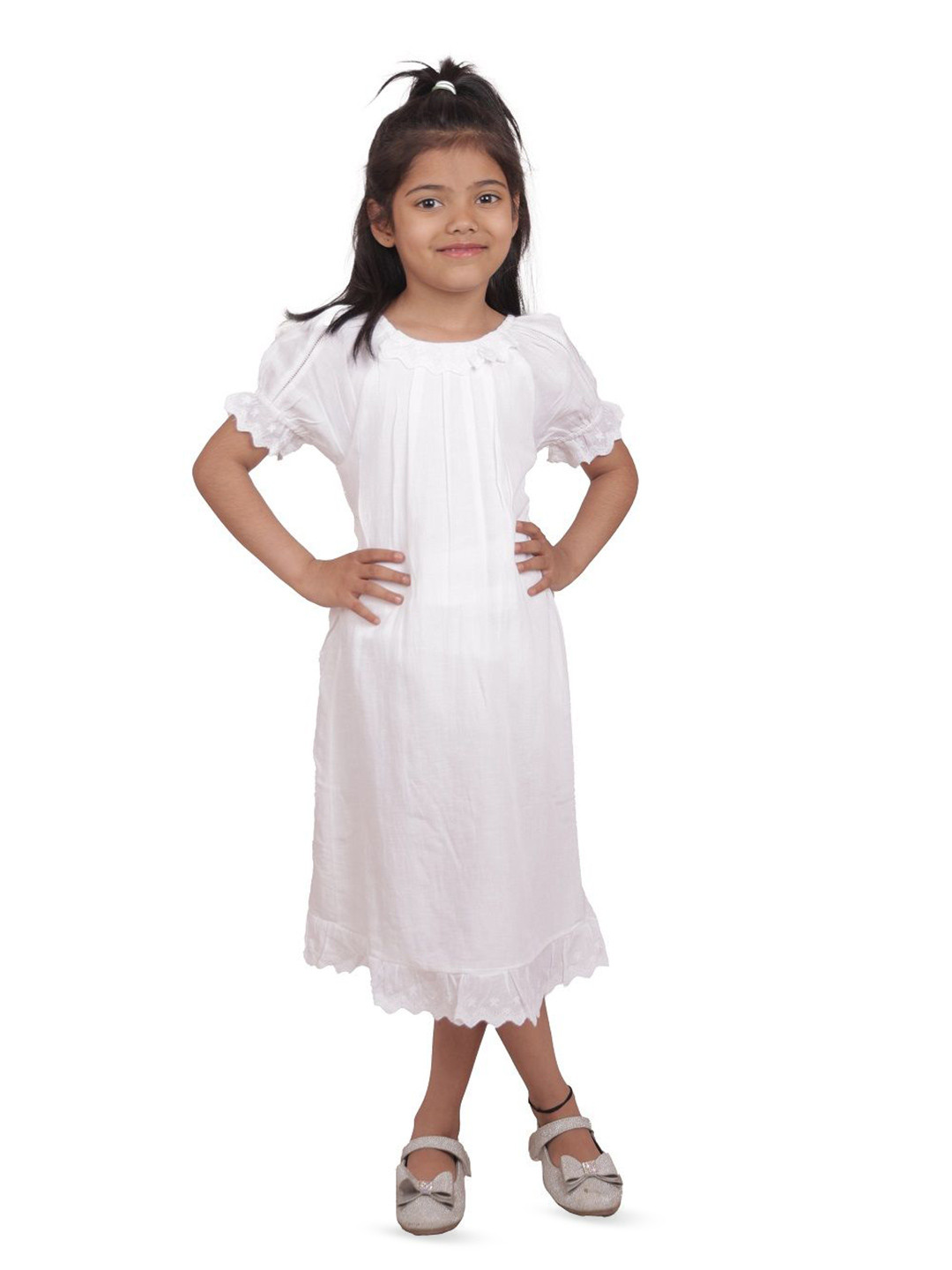 Miyo Girls Puff Sleeves Cotton A-Line Midi Dress With Lace Detailed