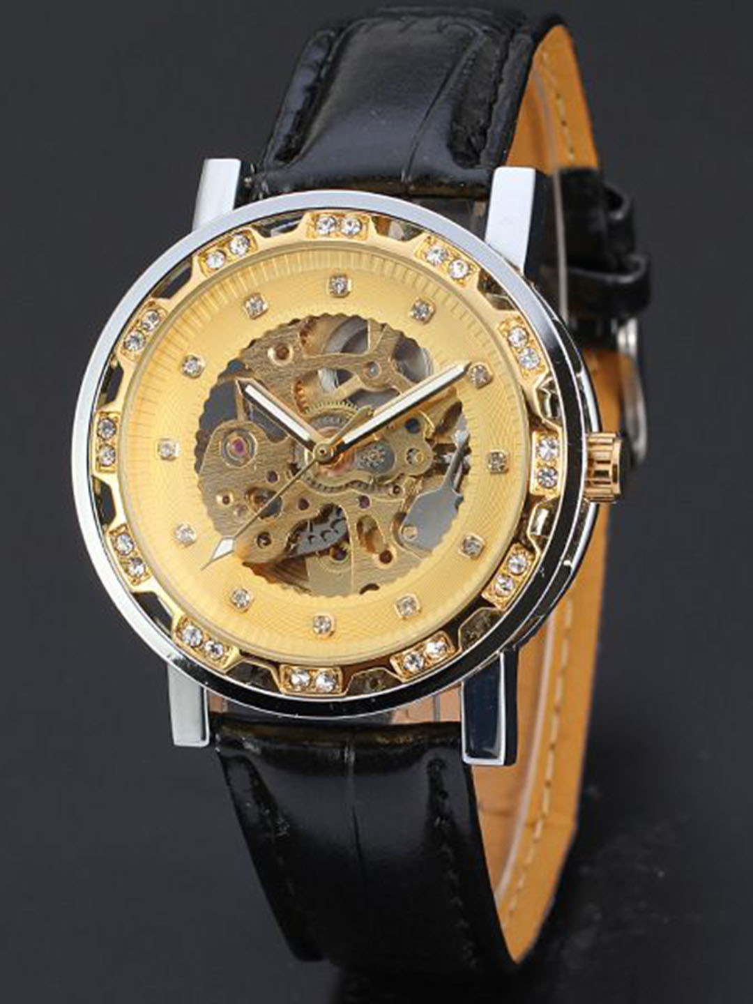 FORSINING Men Double Row Hollow Back Automatic Mechanical Watch With Leather Strap