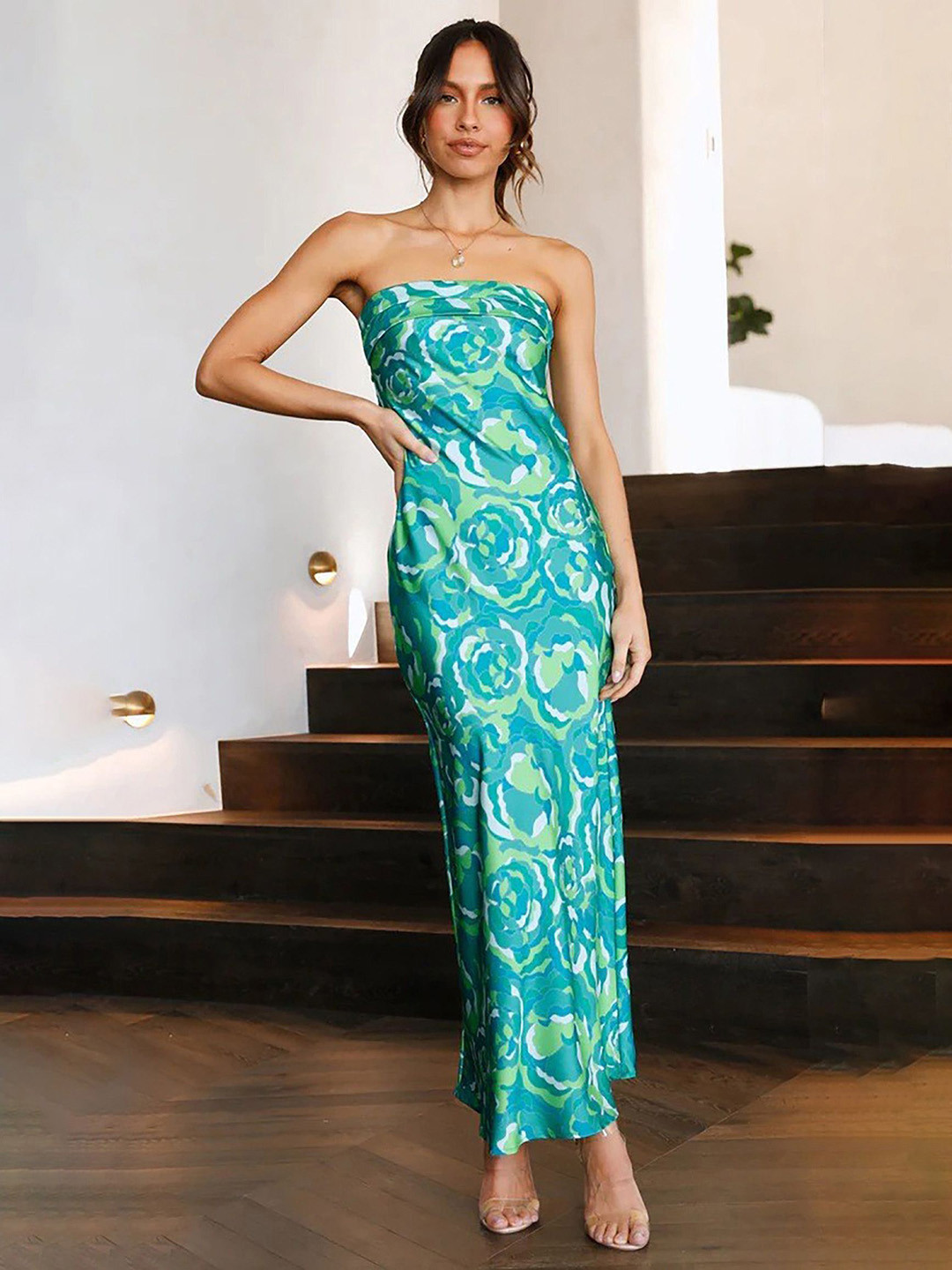 bebe Women Strapless Floral Print Maxi Bandeau Dress