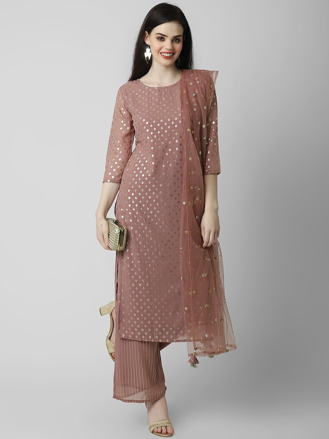 Oash Women Printed Beads and Stones Kurta with Trousers & Dupatta Kurta Sets
