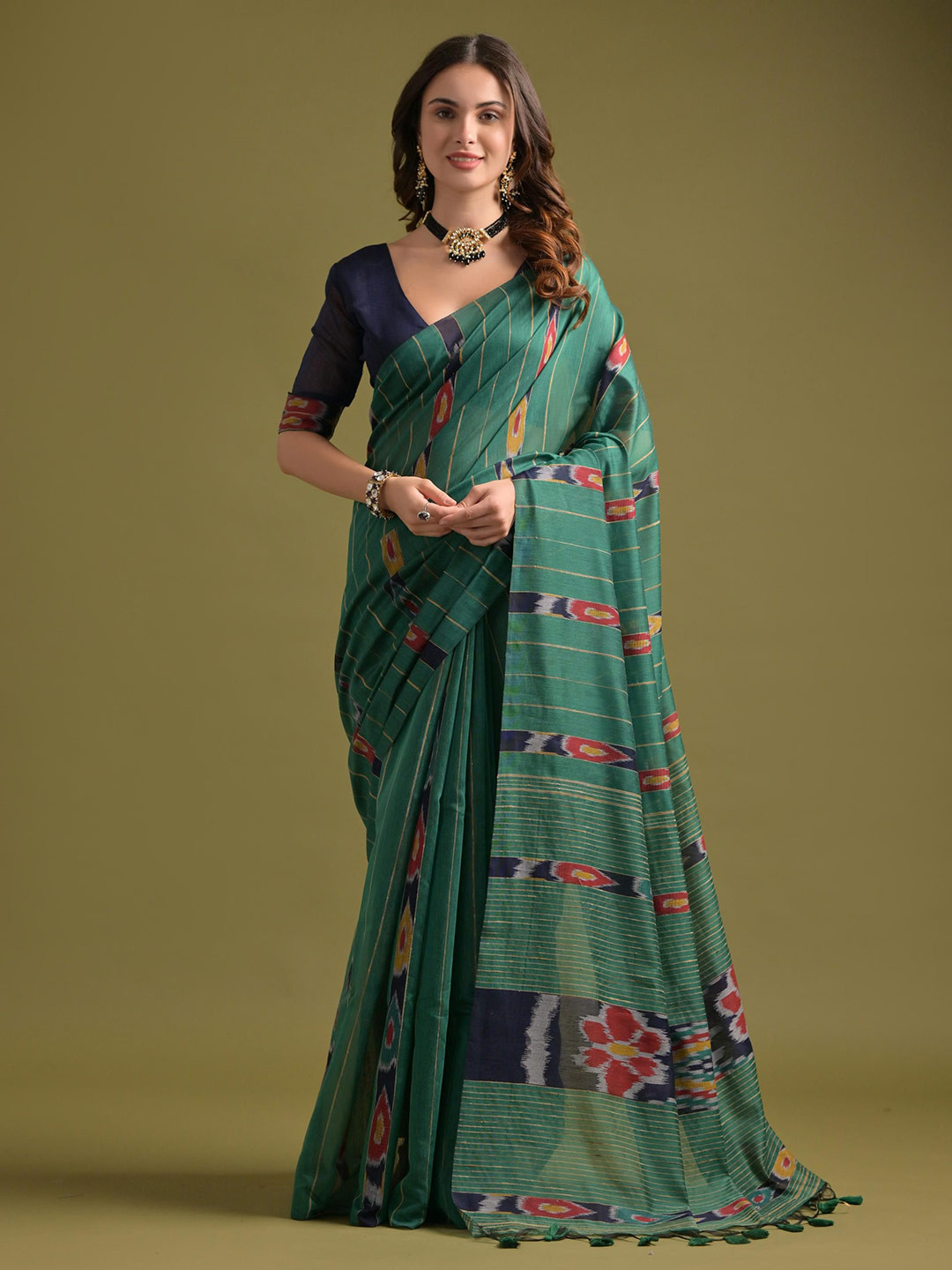 Jinal & Jinal Geometric Woven Design Ethnic Motifs Zari Silk With Unstitched Blouse Piece