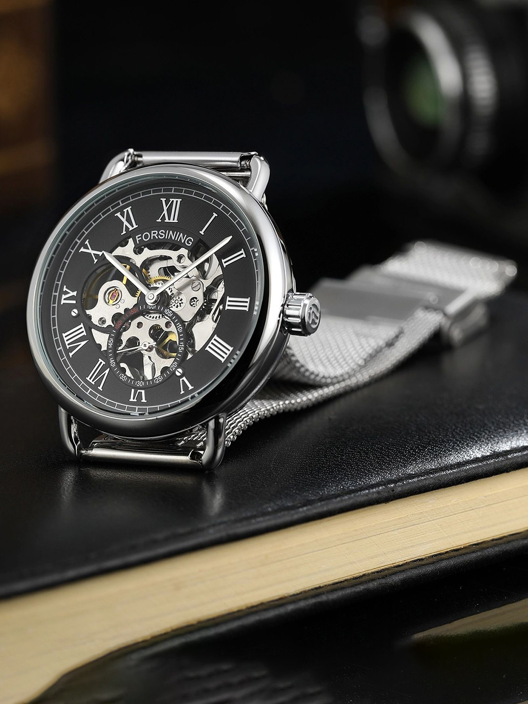 FORSINING Men Analog Watch with Round Dial, Roman Numerals, and Stainless Steel Strap