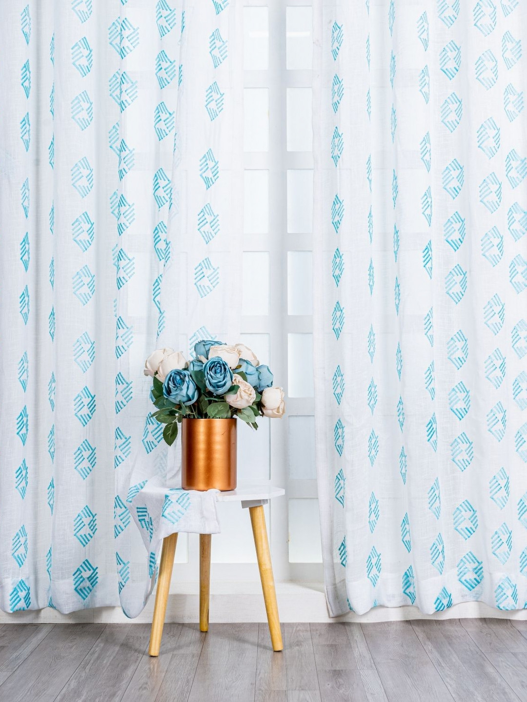 Parda Online White & Blue Set of 2 Abstract Printed Linen Sheer Door Curtain