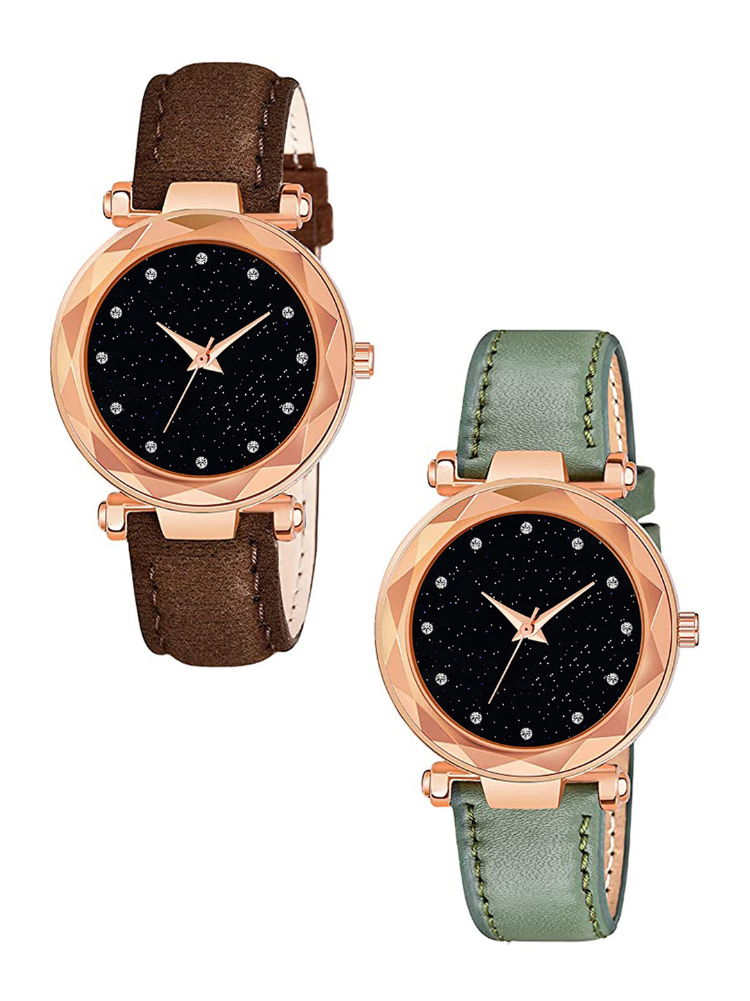 CSAMON Women Pack Of 2  Embellished Dial & Straps Analogue Watch GR379RG 12D BRO Vel GRE L