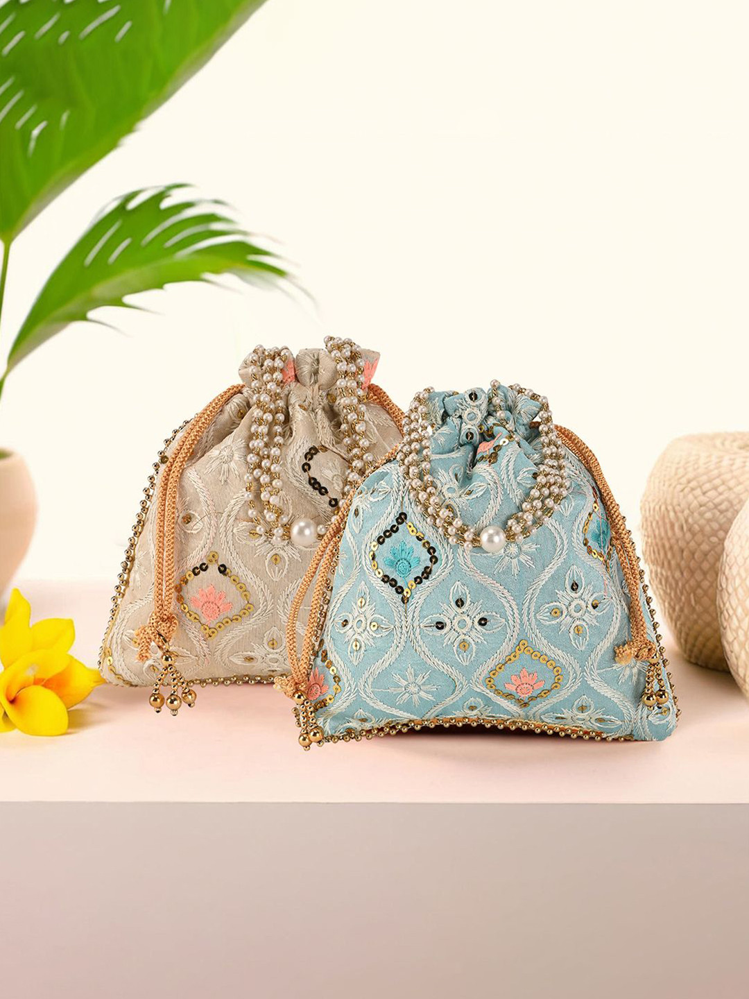 Kuber Industries Set Of 2 Lakhnavi Embroidered Handle Potli Clutch