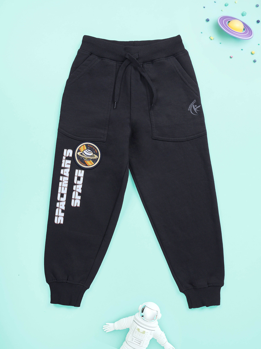 KiddoPanti Kids Badge & Spaceman's Printed Mid-Rise Joggers