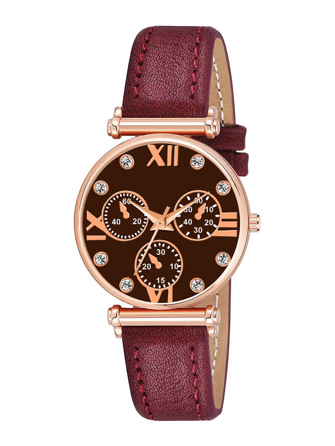 CSAMON Women Round Dial & Leather Straps Analogue Watch C34RG MRO Mina Leather