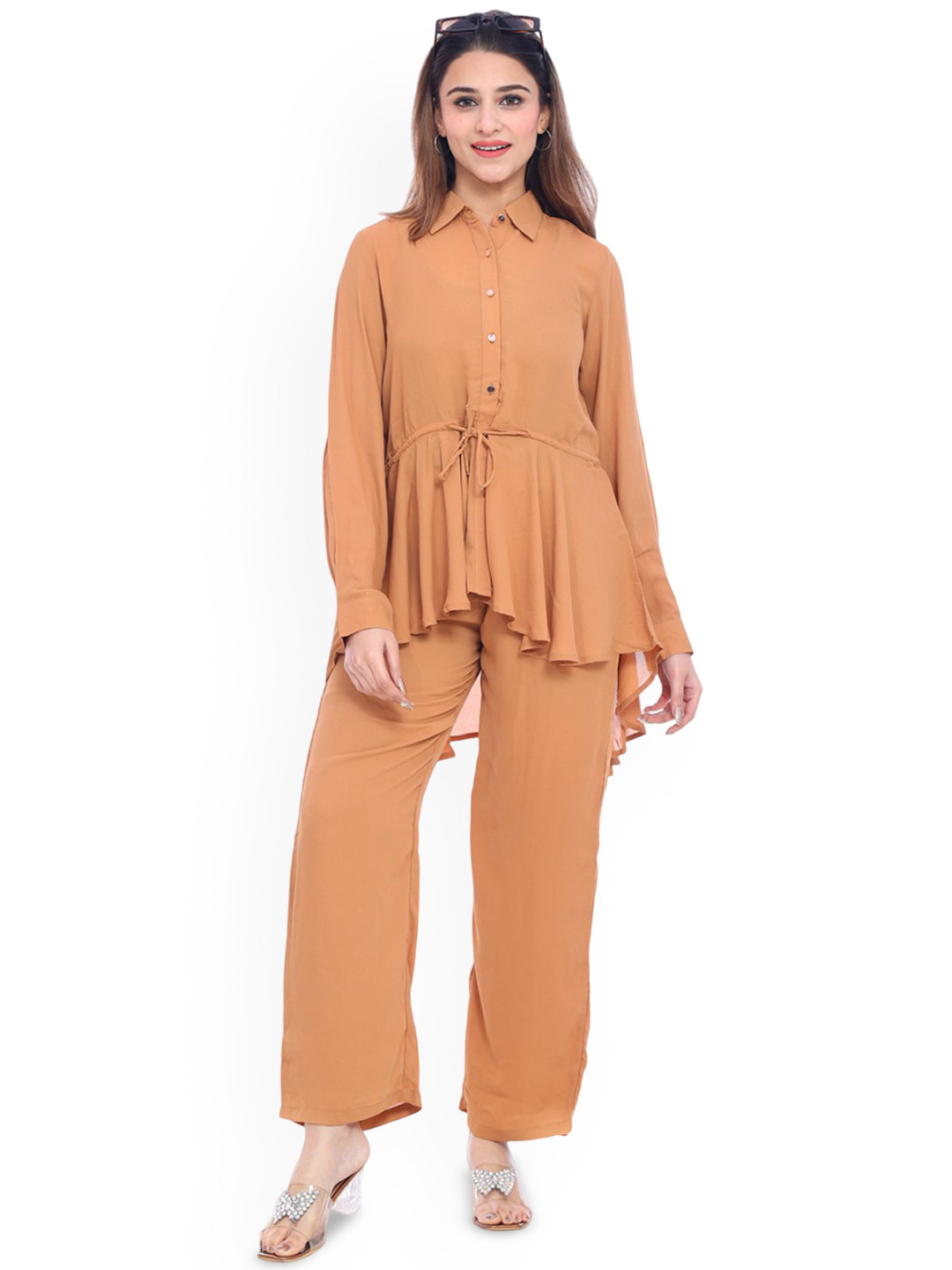 Moda Elementi Shirt Collar Neck Top With Trousers Co-Ords