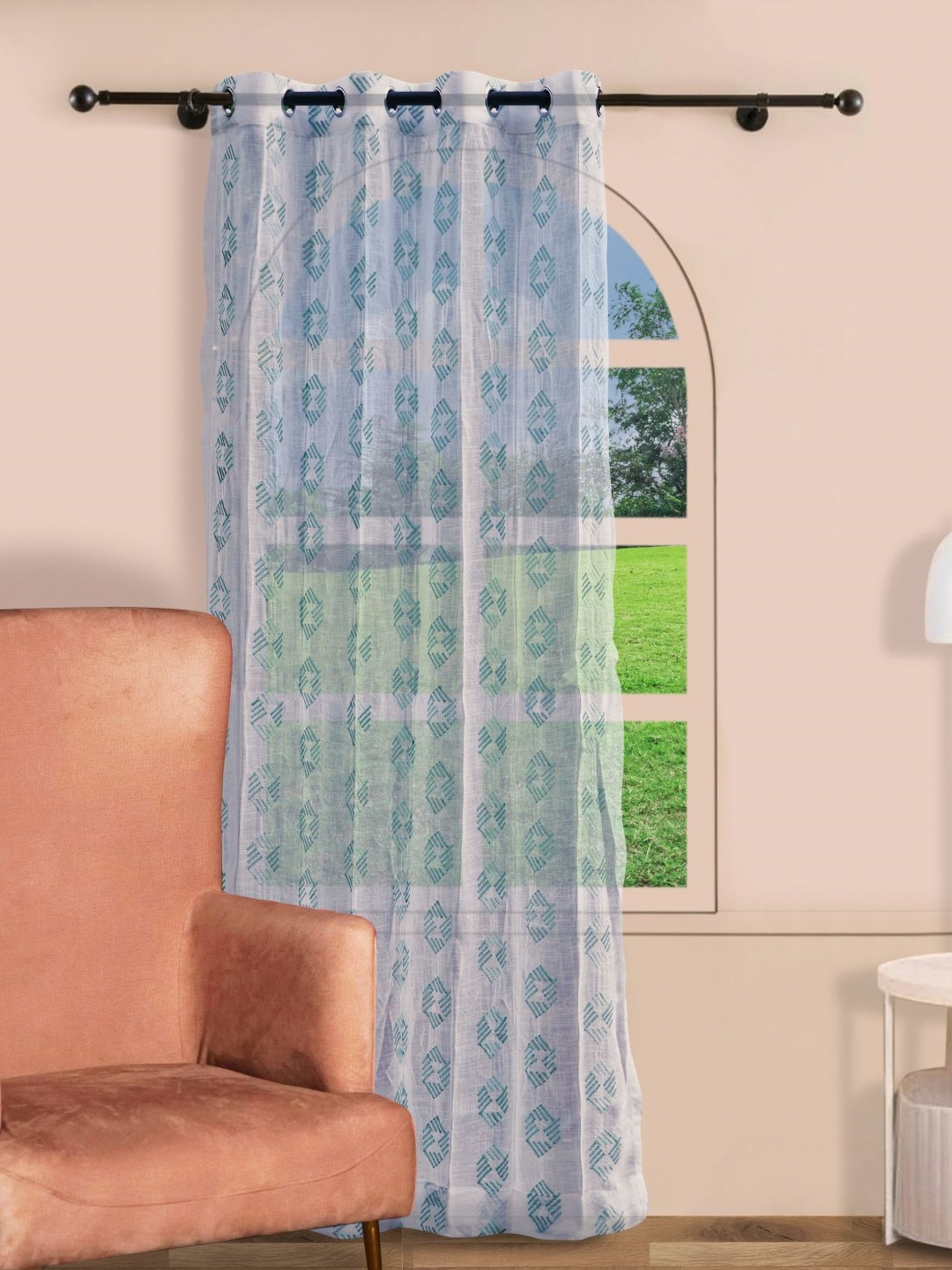 Parda Online White & Blue  Set of 2 Geometric Printed Linen Sheer Door Curtain