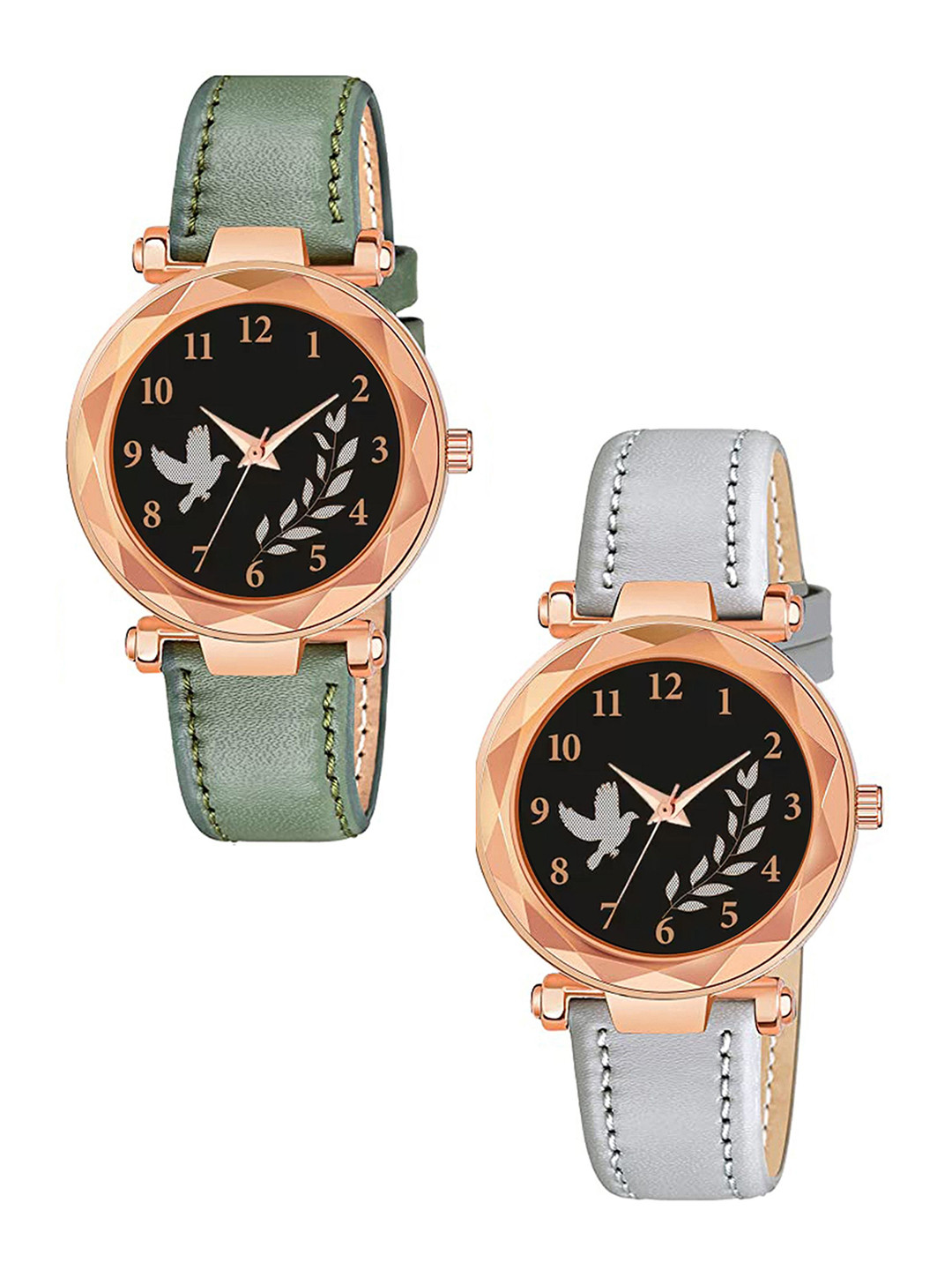 CSAMON Women Pack Of 2 Round Dial & Straps Analogue Watch GR379RG BIRD GRE GREY L