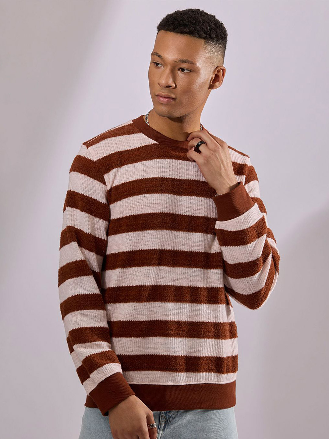 Espanshe Men Striped Round Neck Sweater Brick red