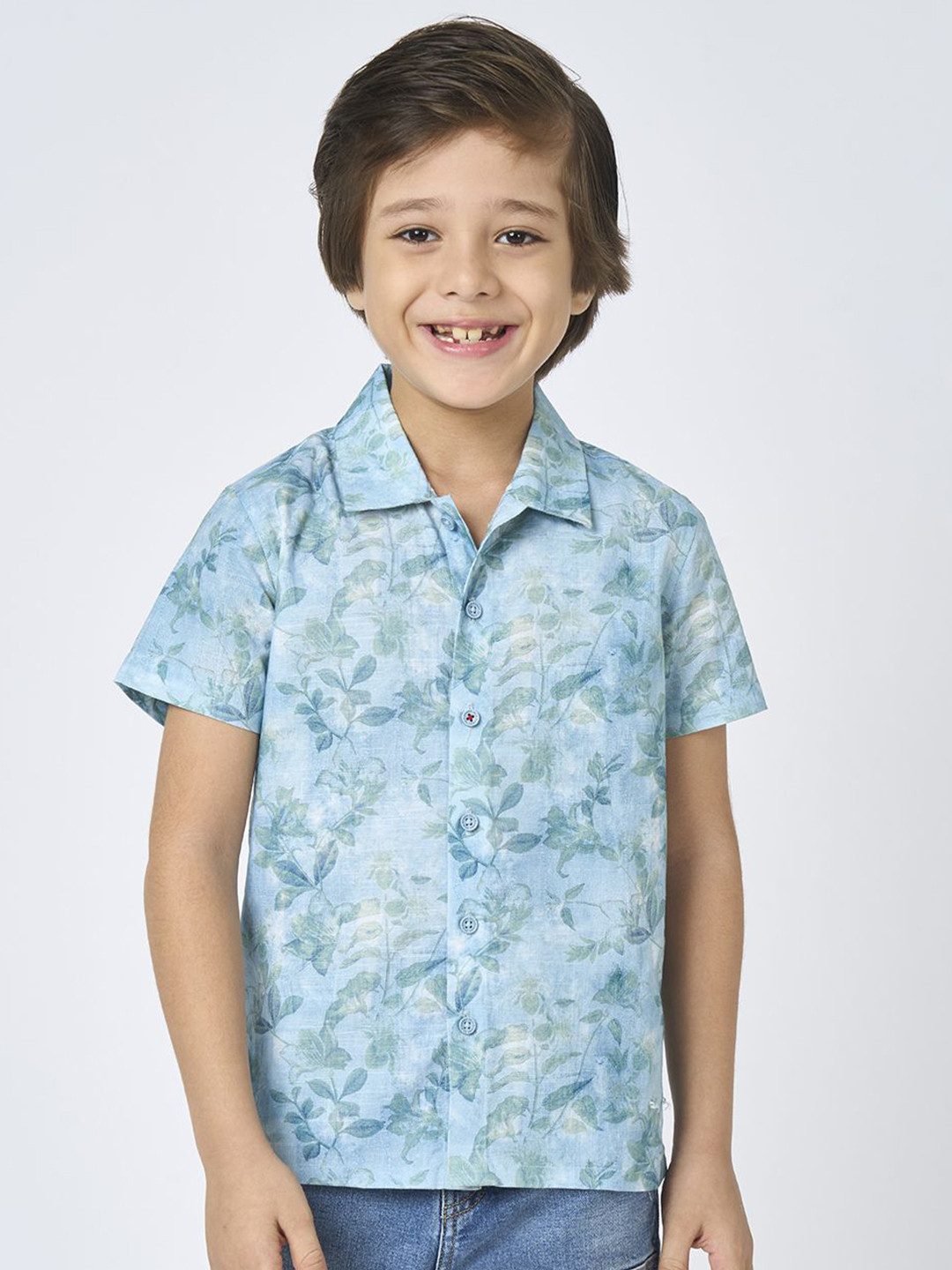Ed-a-Mamma Premium Boys Floral Printed Spread Collar Short Sleeves Cotton Shirt
