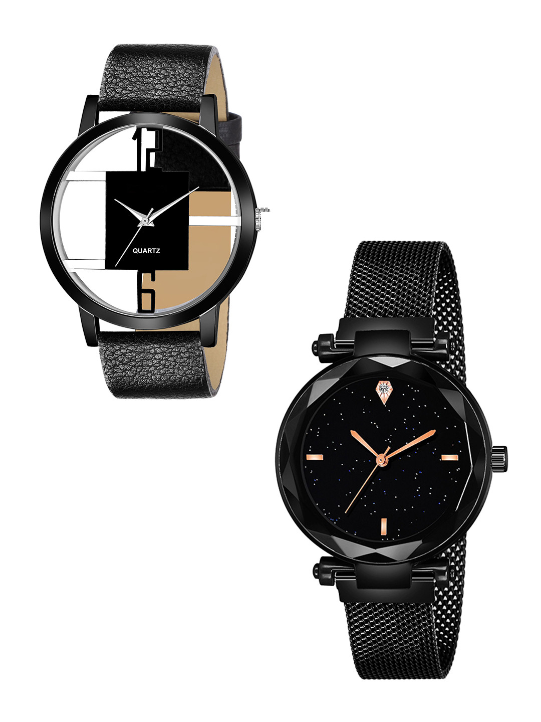 CSAMON Set Of 2 Women Analogue Watch GR_1050_6to12_openblack_379_Black_4