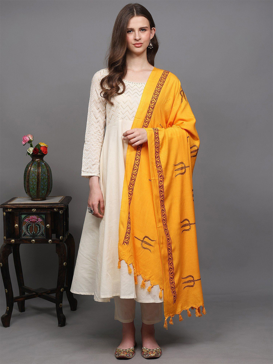 Exotic India Onyx Prayer Trishul Embroidered Thread Work Shawl