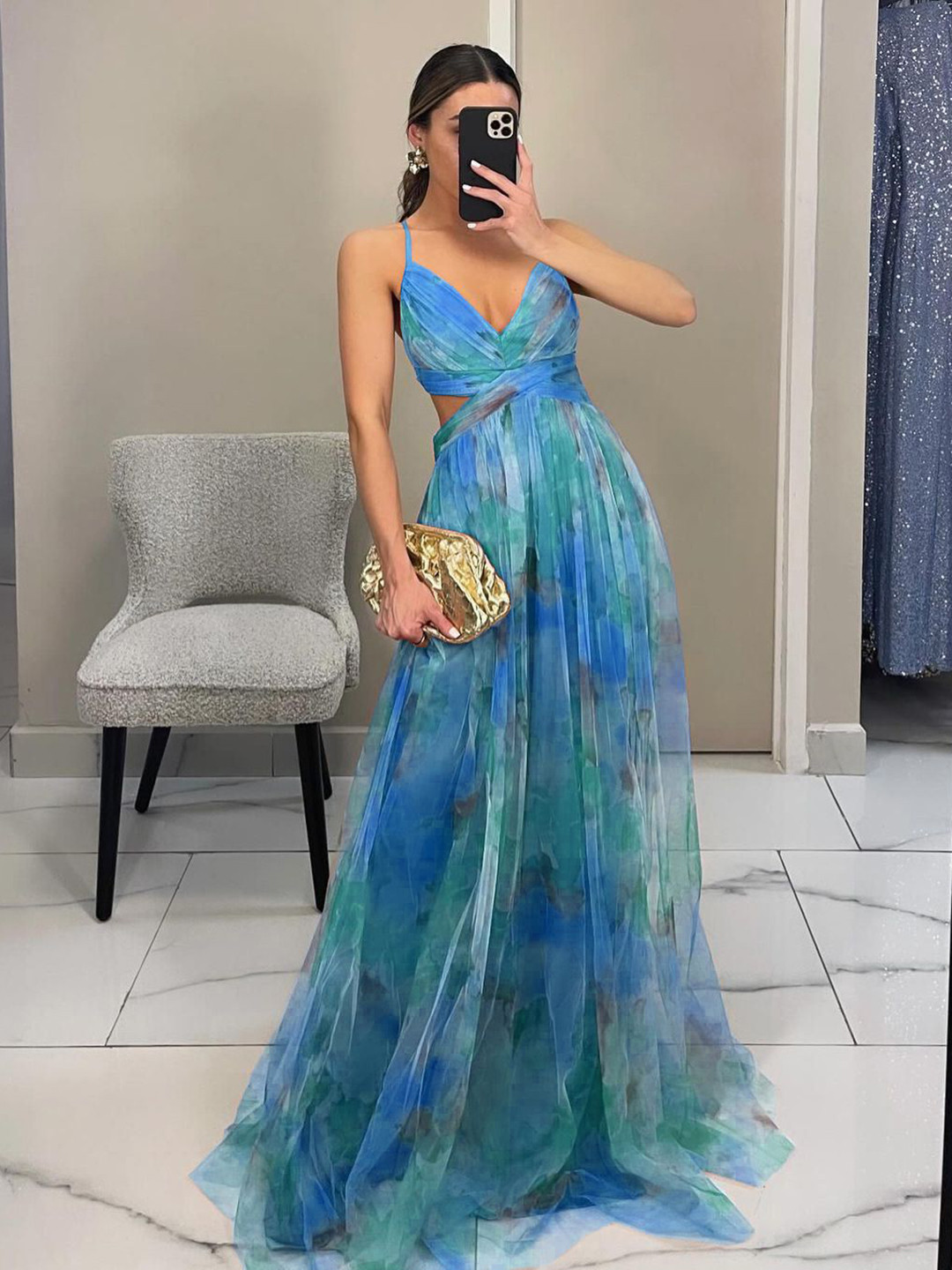 bebe Printed Spaghetti Strap Cutout Criss-Cross Back Fit & Flare Maxi Dress