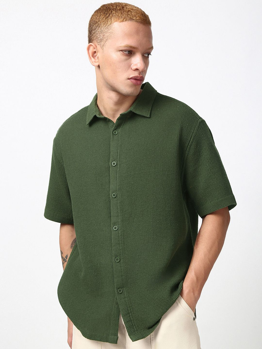 Bewakoof Men's Dark Olive Green Textured Oversized Shirt