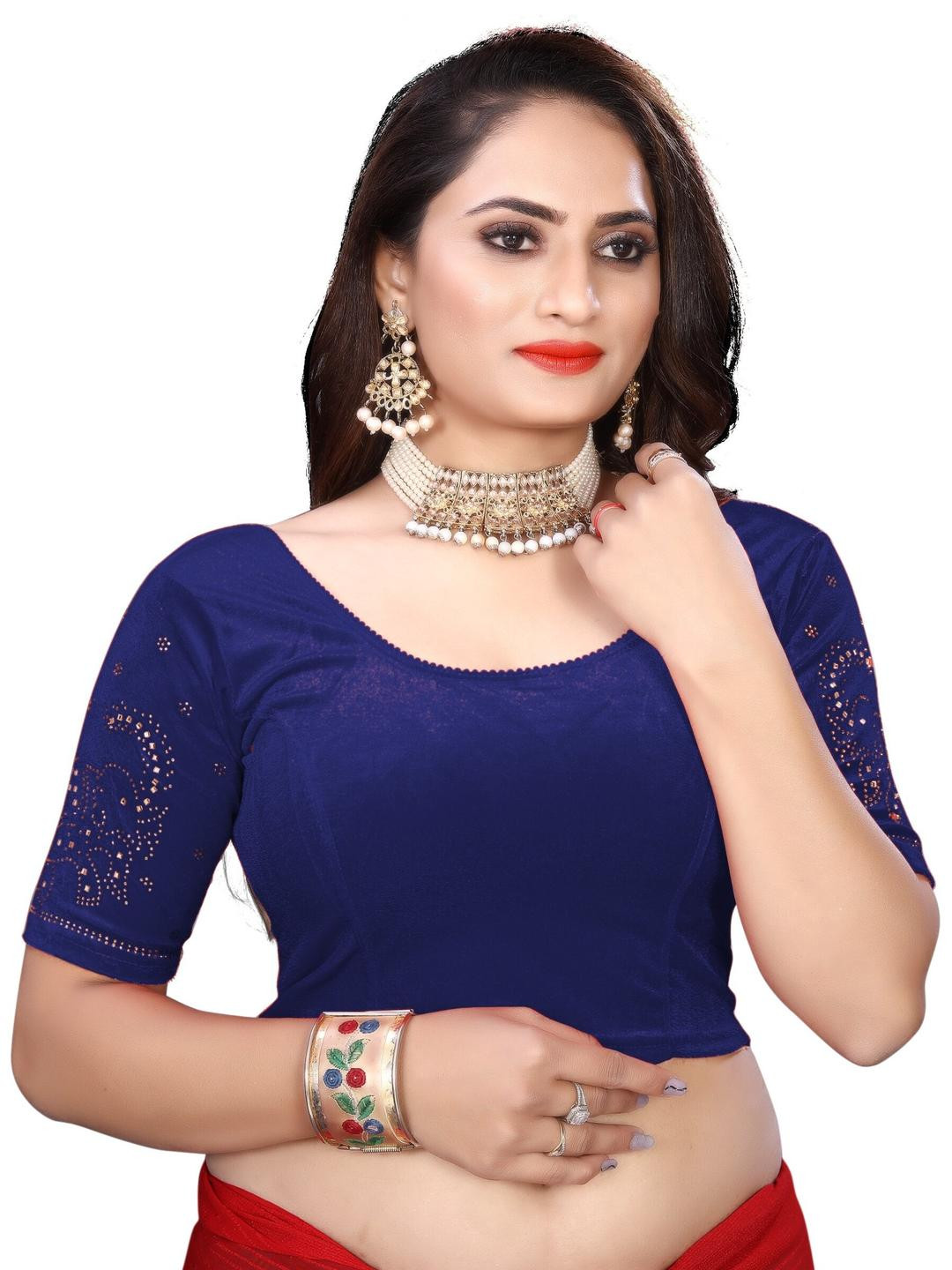 PU FASHION Women Velvet Blue Saree Blouse