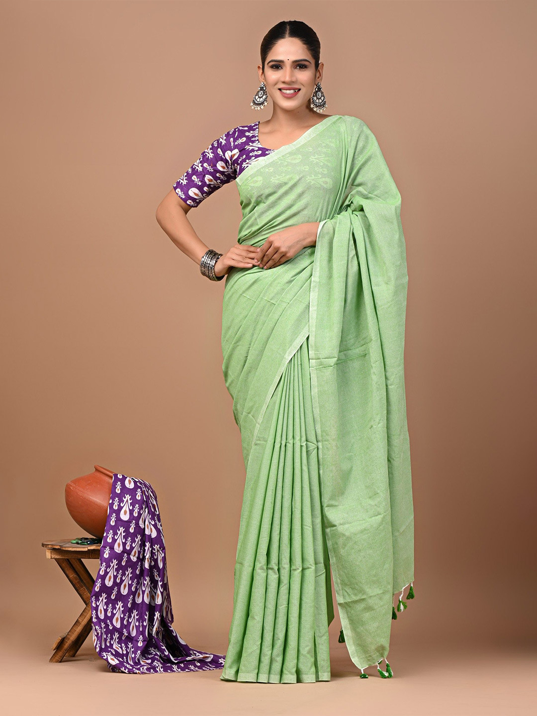 PALLO LATKE  Solid Saree With Hand Block Printed Blouse and Tasseled Border