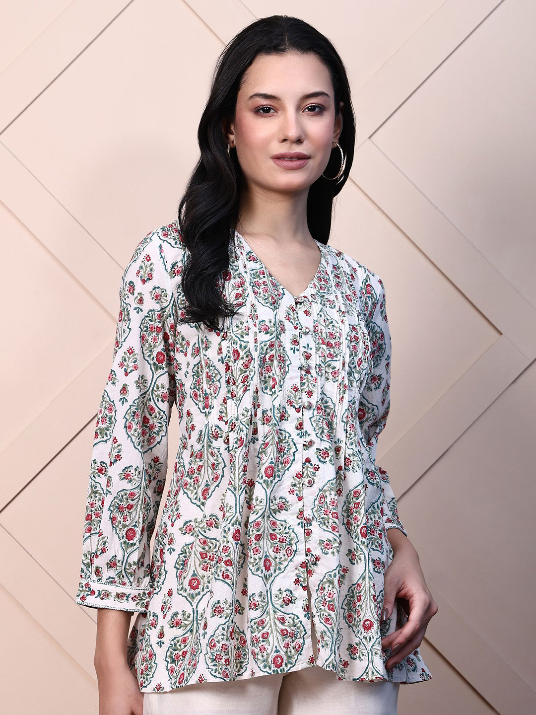 Folk Song Floral Printed V-Neck Pure Cotton Top