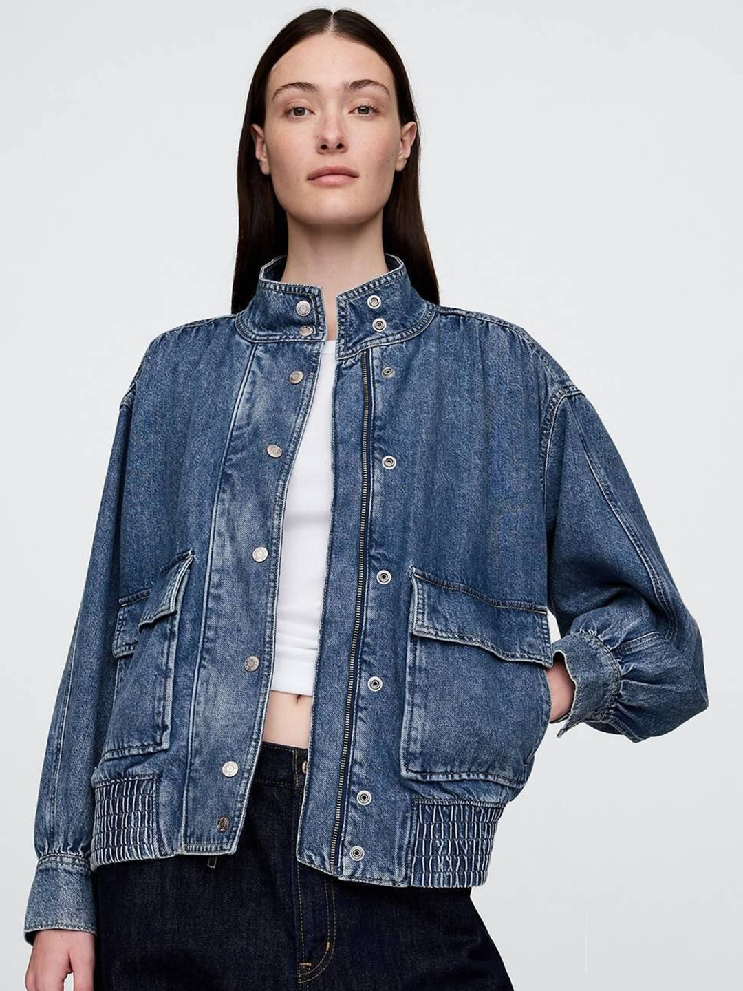 GAP Women Blue Washed Loose-Fit Denim Jacket