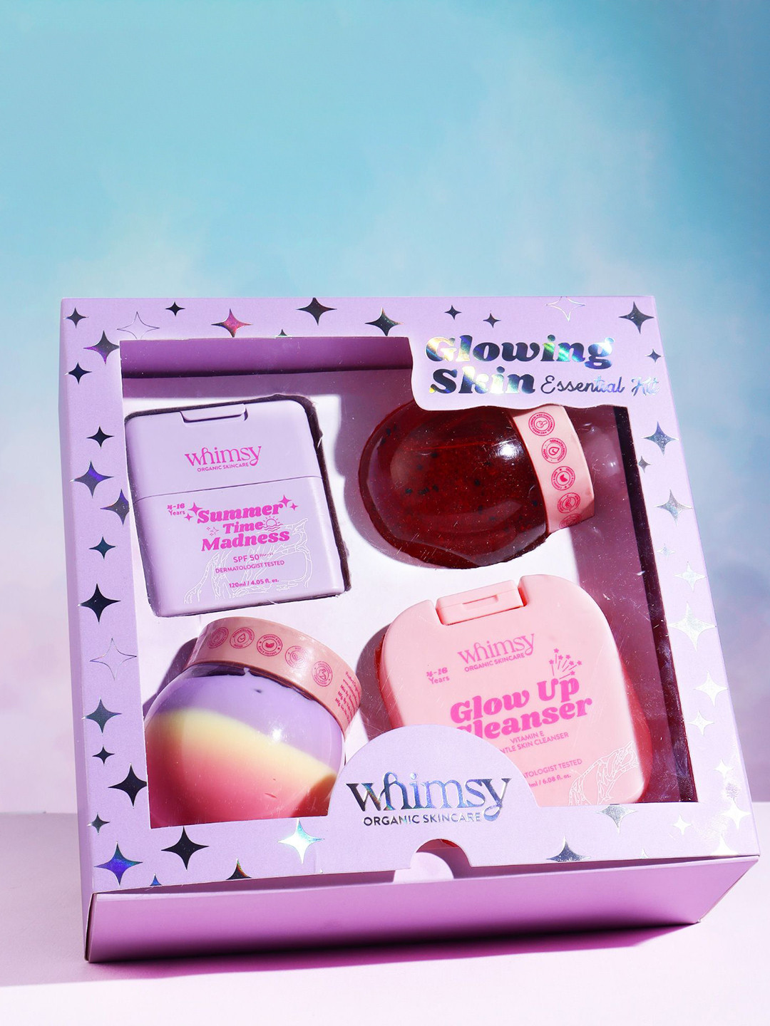 Whimsy Beauty Set Of 4 Glow Up Cleanser, Sunscreen, Moisturizer & Scrub Combo