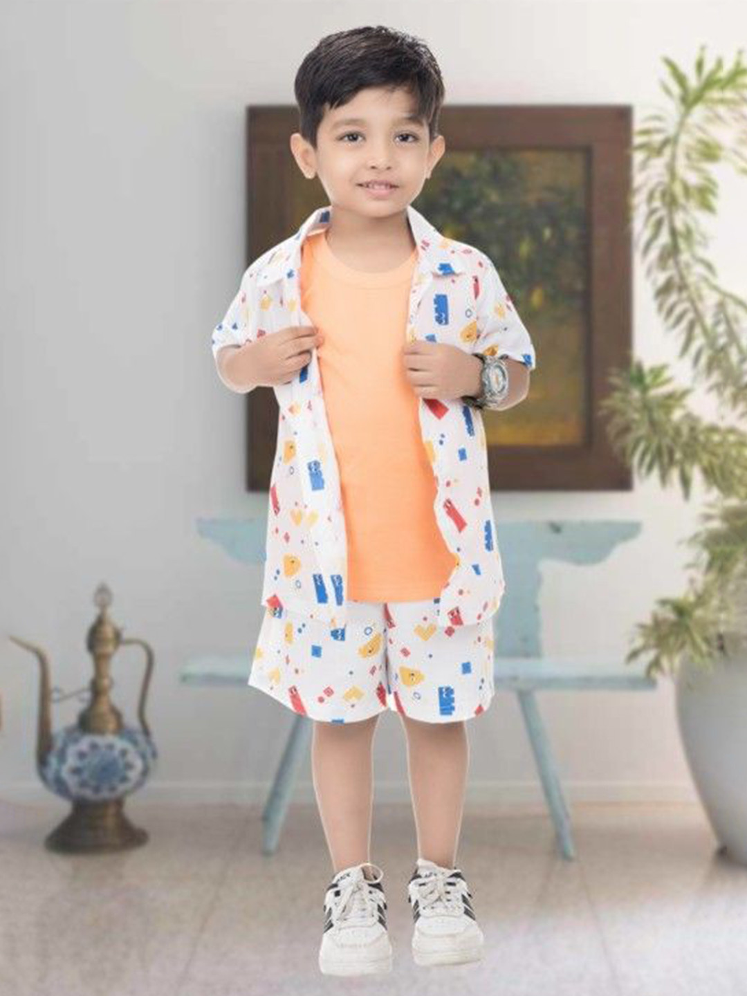 NEW GEN Boys Printed Short Sleeves Pure Cotton Shirt And T-shirt With Shorts