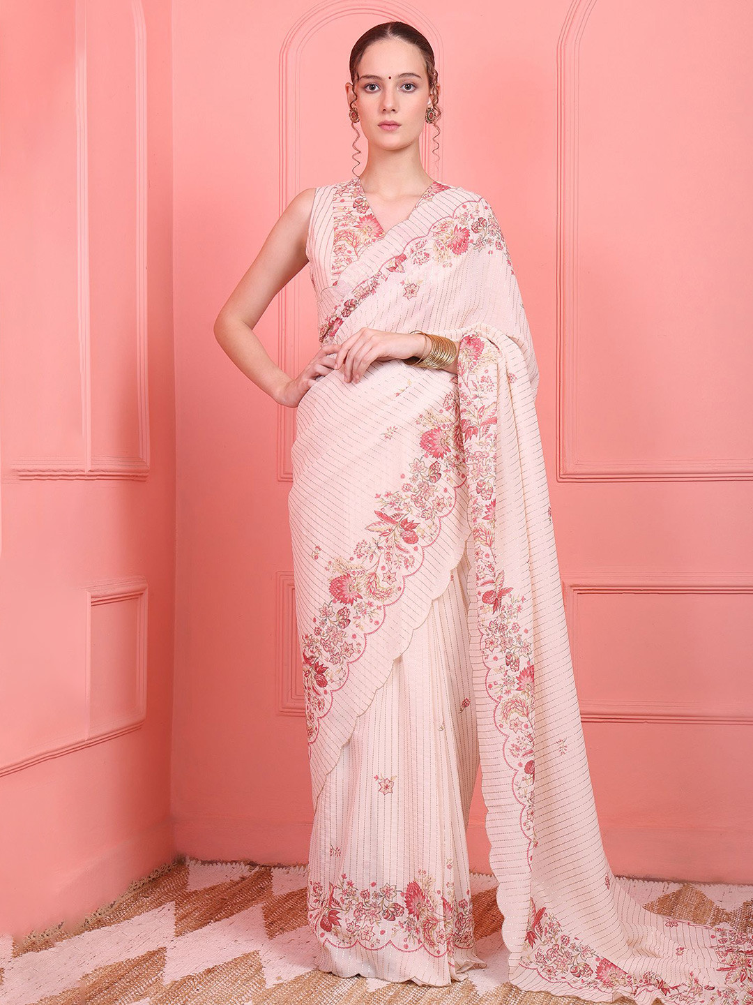 WISHFUL Floral Printed All Over Sequined Festive Satin Saree