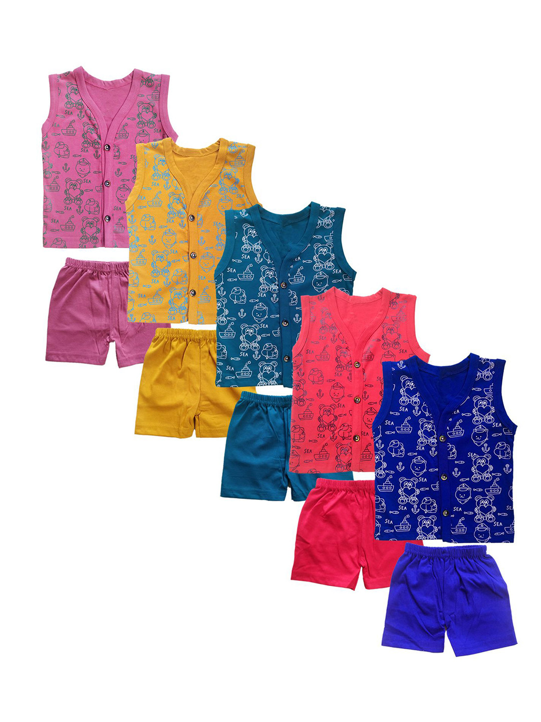 KIDDIEKISSES Kids Pack Of 5 Printed Pure Cotton Jhablas With Shorts