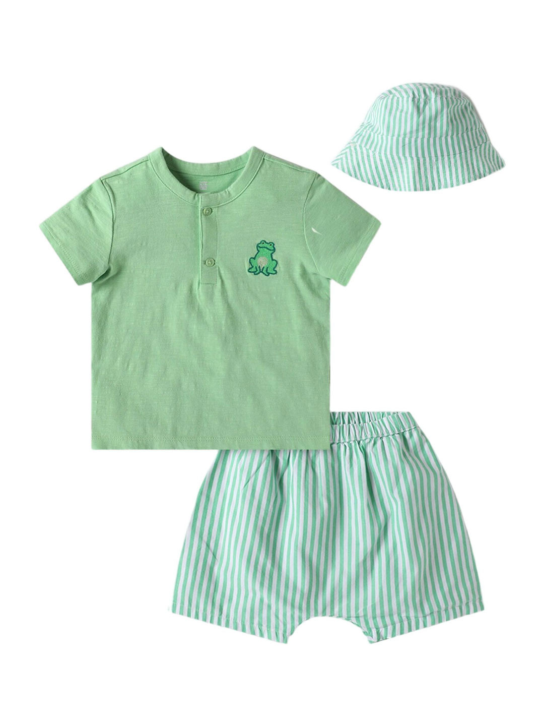 GAP Infants Striped Pure Cotton Henley T-Shirt & Shorts With Hat Clothing Set