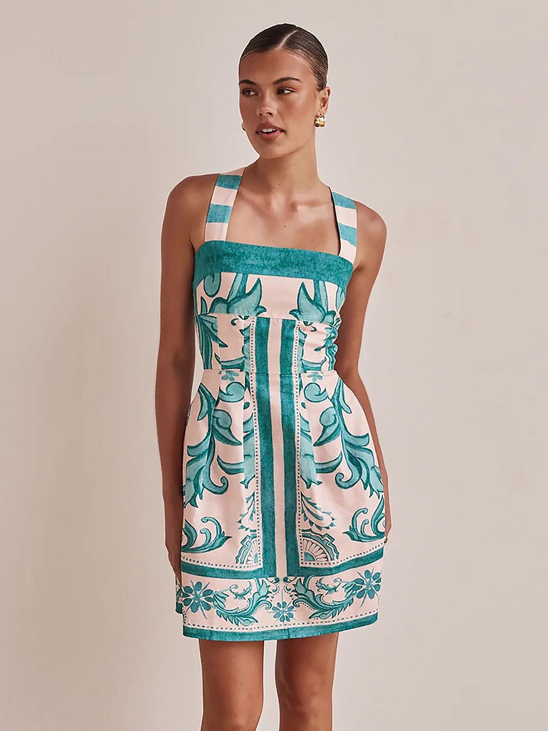 bebe Ethnic Motifs Printed Sleeveless Square Neck A-Line Dress