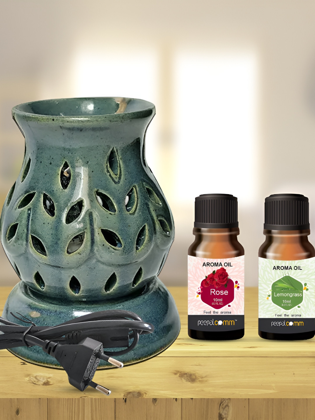 PEEPALCOMM 3Pcs Green Ceramic Electric Diffuser With Lemongrass & Rose Oils - 10 ml Each