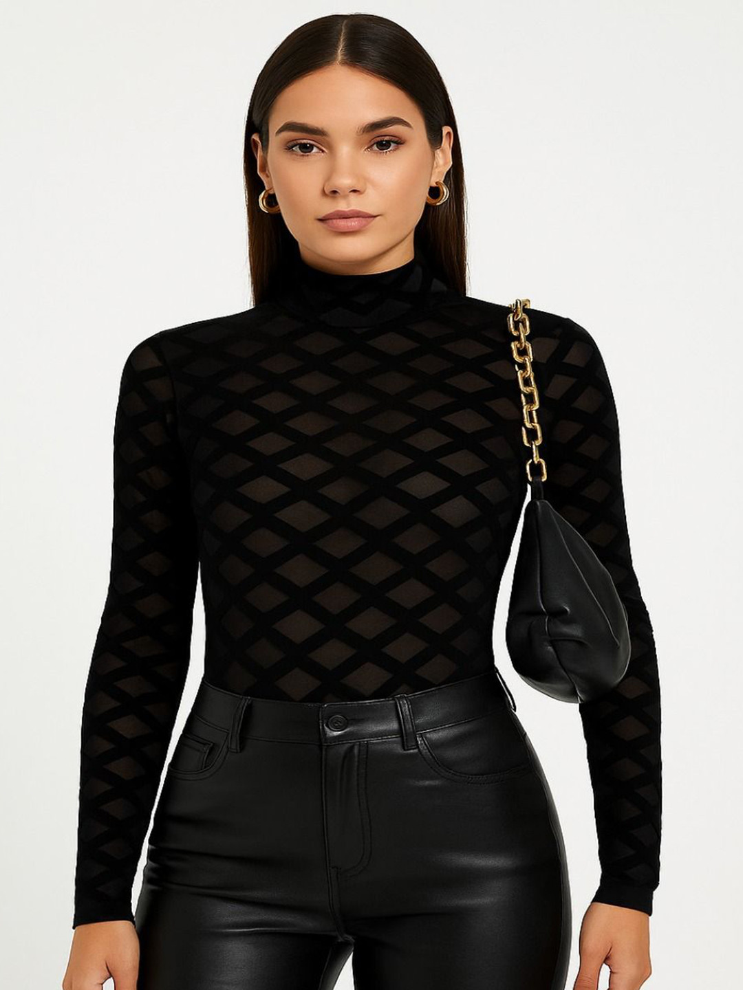 TRENBEE Izzy Women Mesh Self-Design Round Neck Bodysuit