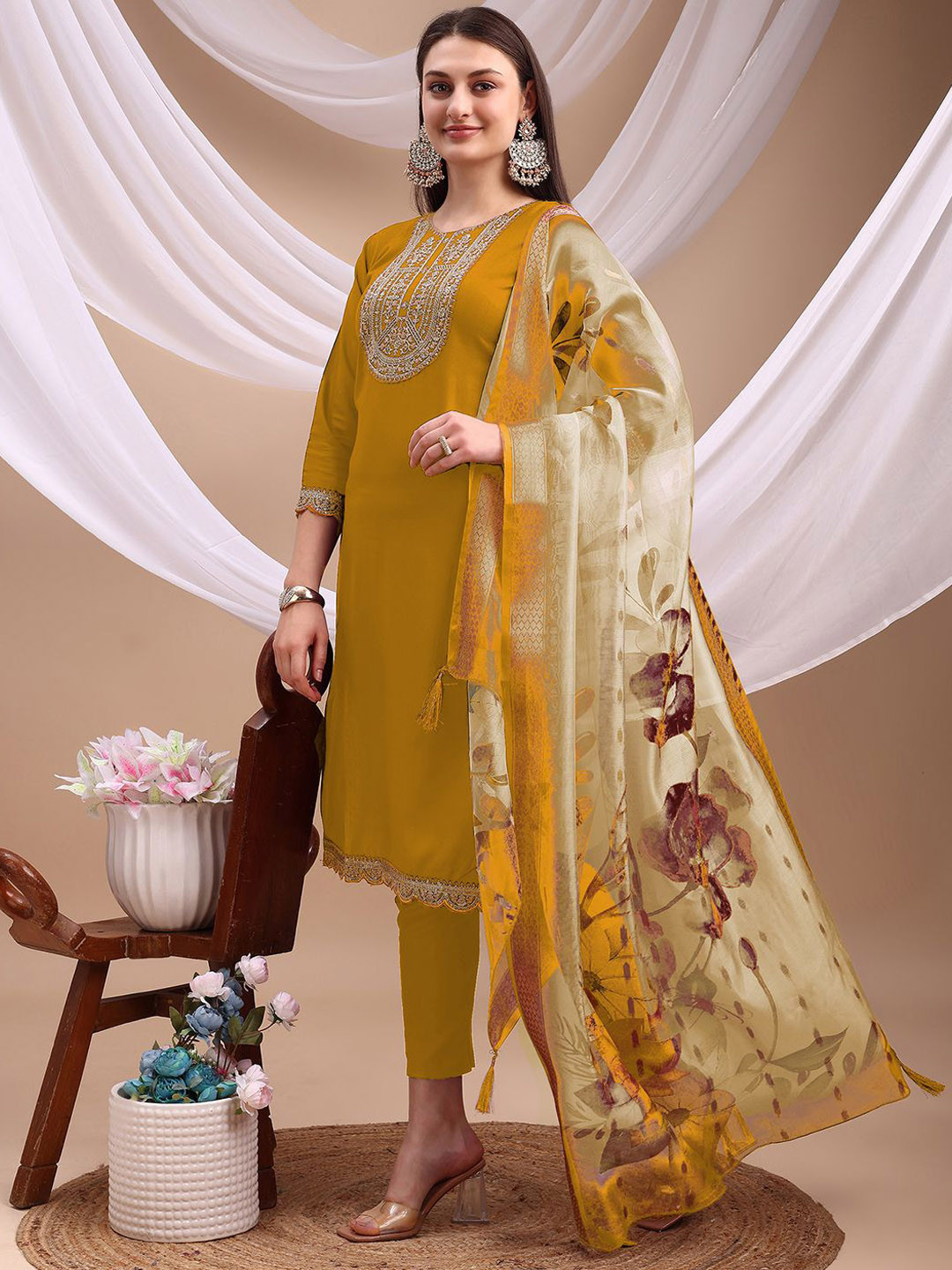 PATDOM Floral Yoke Design Round Neck Sequinned Straight Kurta With Trousers & Dupatta