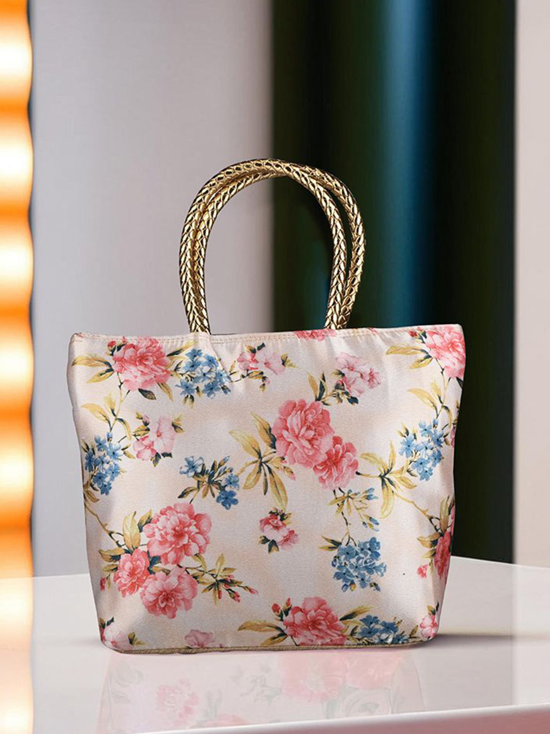 Kuber Industries Set Of 6 Floral Printed Silk Handle & 1 Outer Zip Pocket Small Handbags