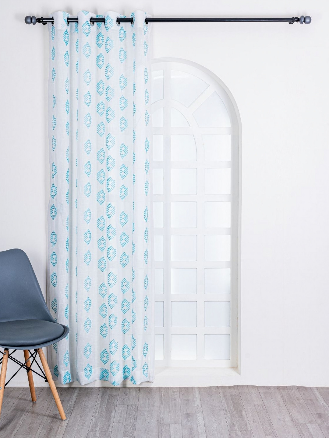 Parda Online Turquoise Blue Geometric Printed Linen Long Door Curtain