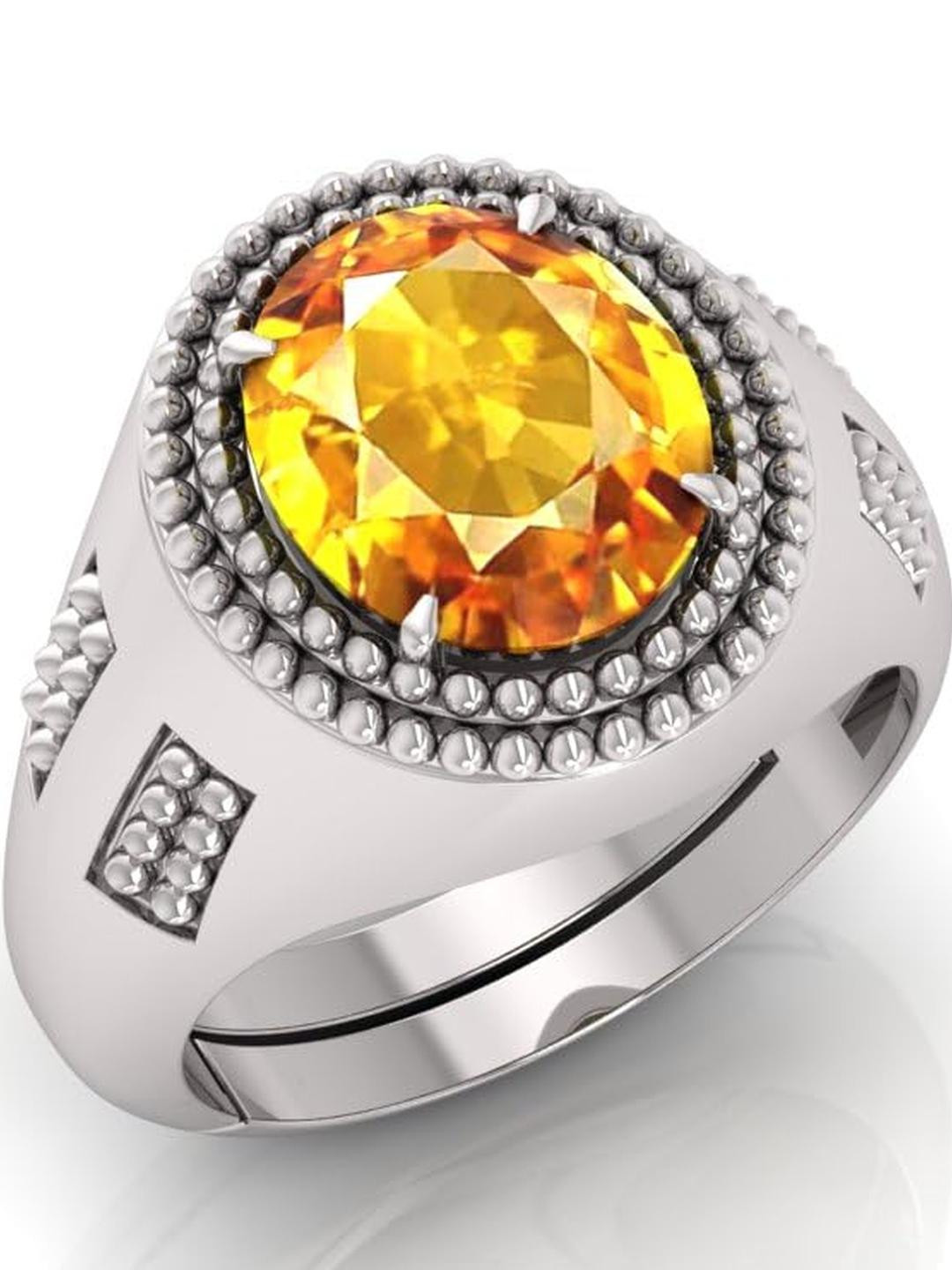 4.25 Ratti Pukhraj Stone Original Yellow Sapphire Gemstone Silver Plated Adjustable Ring