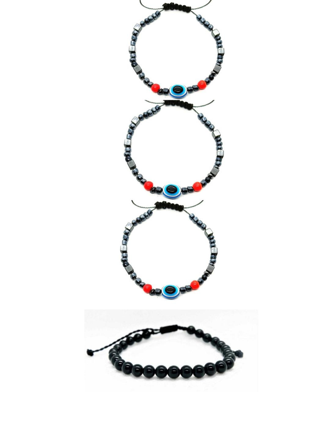 Dynamic Retail Global Women Pack Of 4 Black With Evil Eye Beaded Drawstring Bracelet