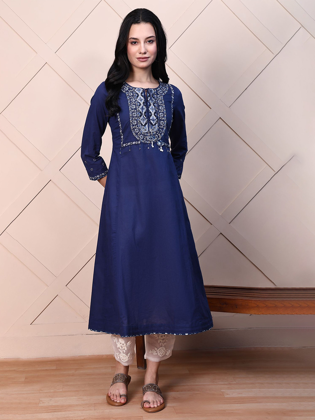 Folk Song Women Solid Embroidered Round Neck Panelled A-Line Calf Length Mirror Work Kurta