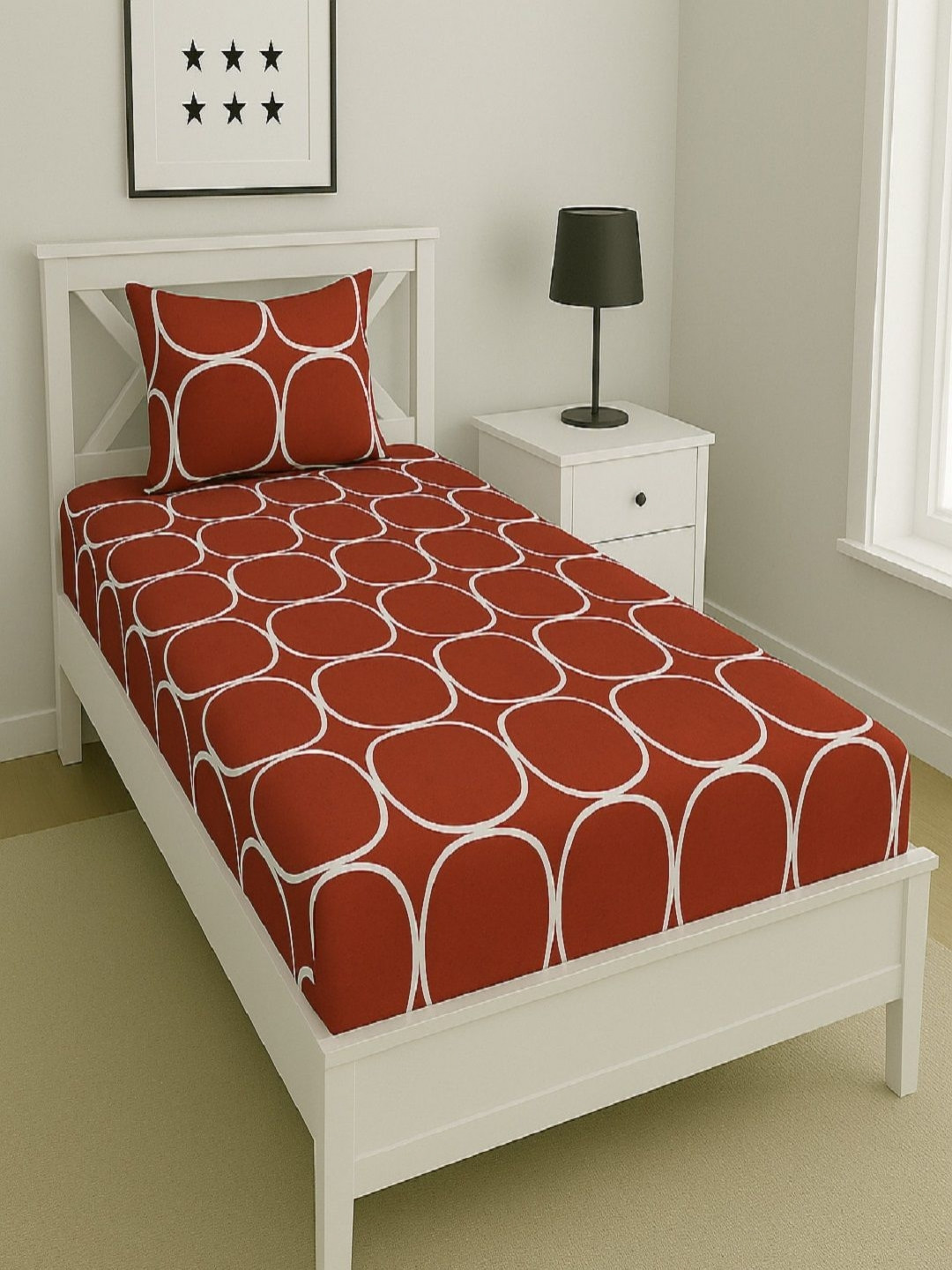 Aura Maroon & White Geometric Printed 144TC Microfiber Single Bedsheet Set 1.52 m x 2.28 m