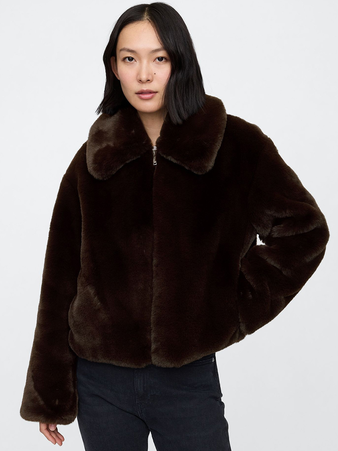 GAP Women Relaxed-Fit Spread Collar Fur Jacket