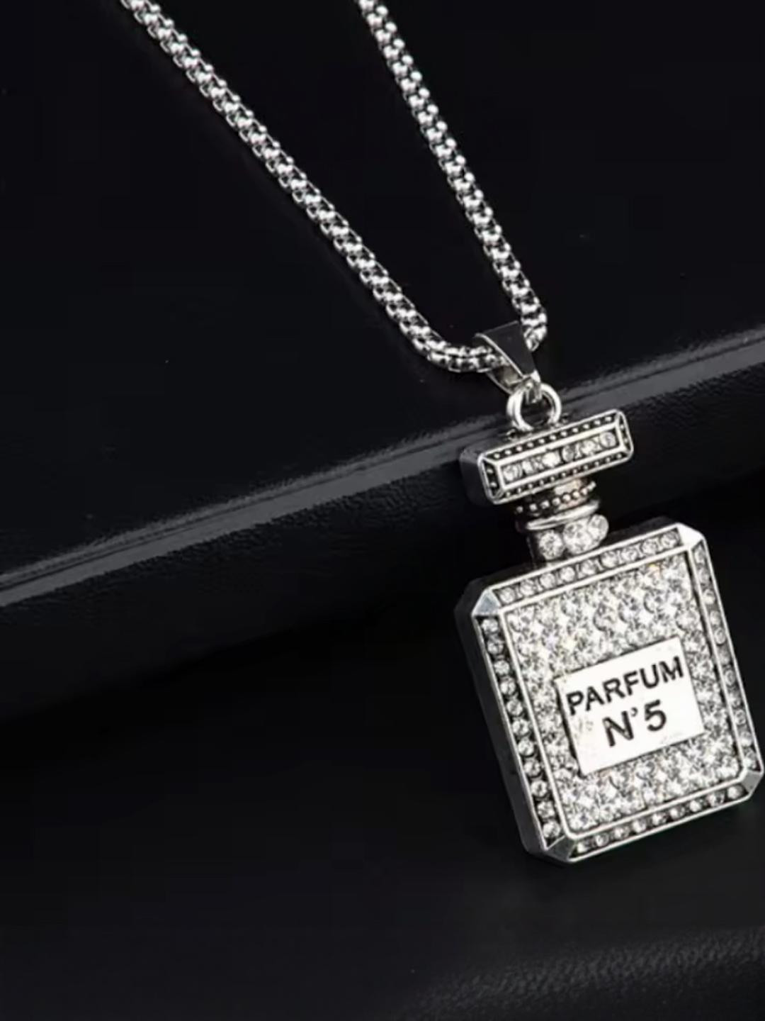 Nitant Unisex White & Silver-Toned Stone-Studded Perfume Bottle Pendant Chain