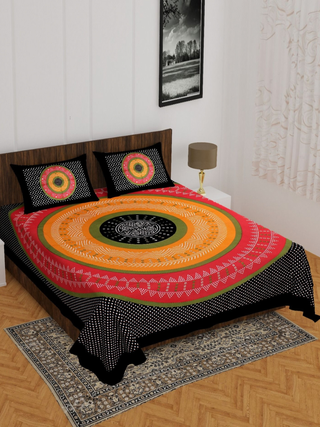 UNIBLISS Black & Pink Floral Cotton 144 TC Double Queen Bedsheet Set-2.15mx2.35m