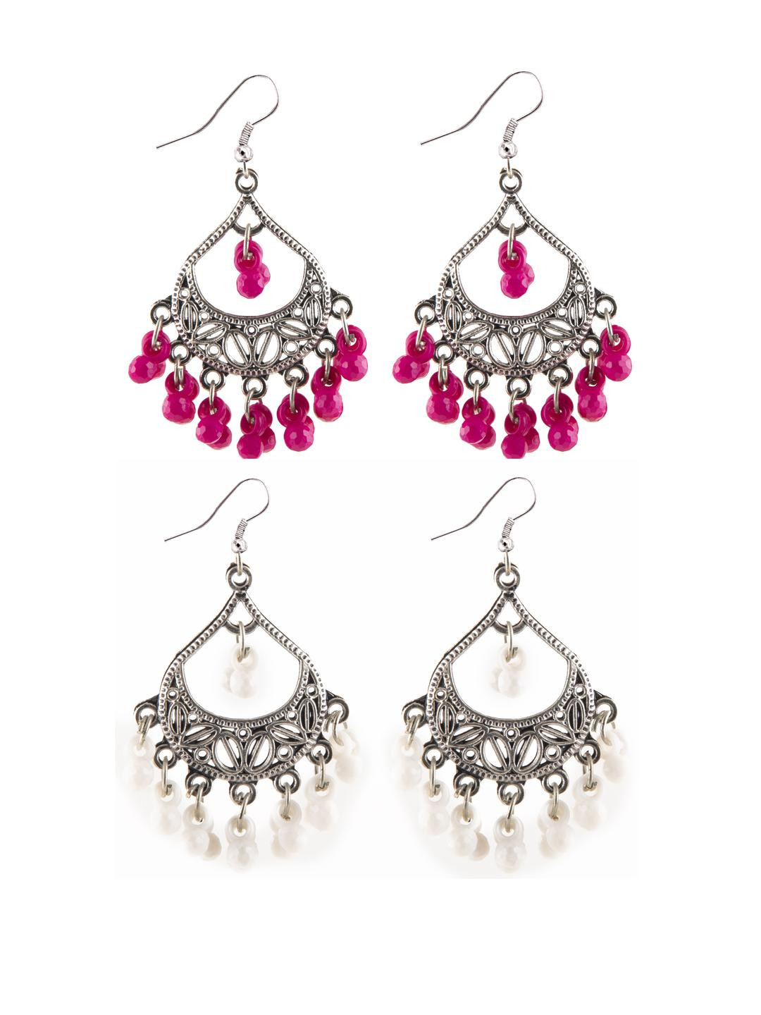 Creative Frogs Set of 2 Silver Plated Pink & White Beaded Drop Earrings