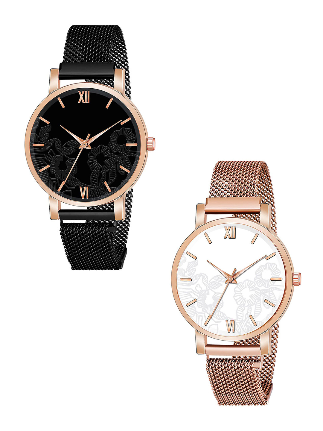 CSAMON Women Pack Of 2 Dial & Bracelet Style Straps Analogue Watch C36RG BLK WH RG M R1