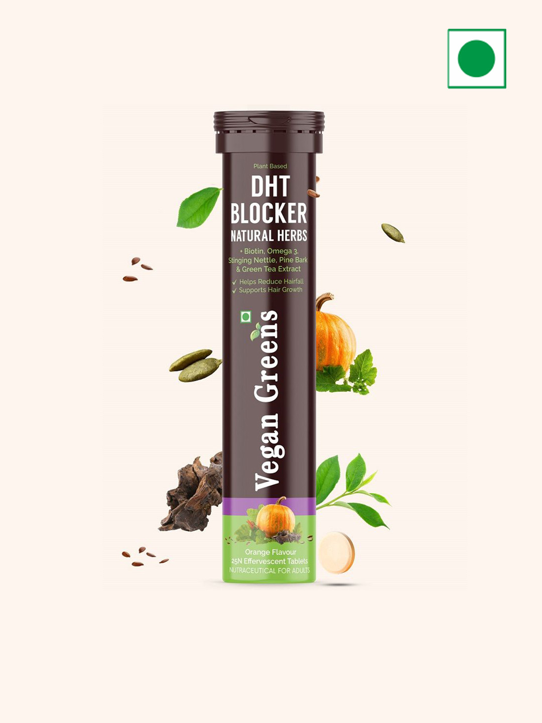 Vegan Greens Plant Based DHT Tablets With Biotin - 25 Effervescent Tablets - Orange Flavor