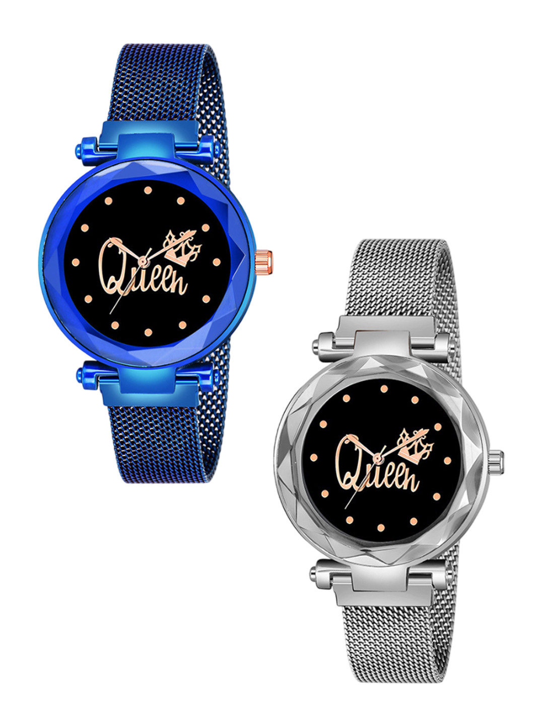 CSAMON Women Pack Of 2 Bracelet Style Straps Analogue Watch Queen Blue Silver Maganet