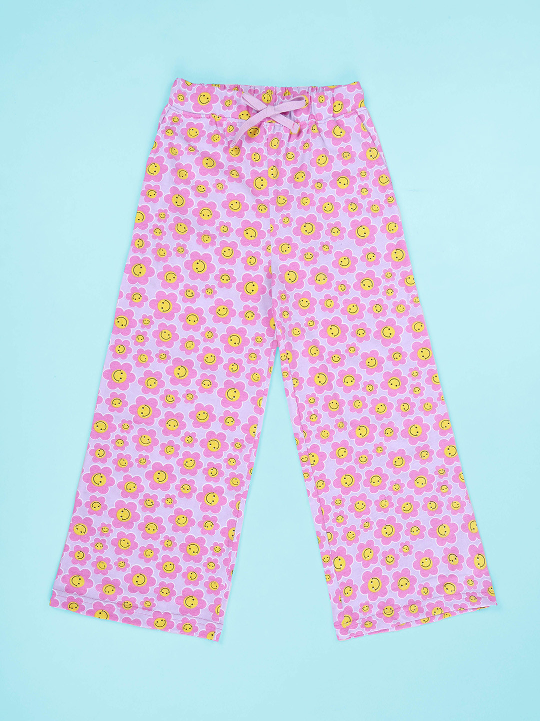 KiddoPanti Girls Smile Flower Printed Pure Cotton Straight-Leg Lounge Pants